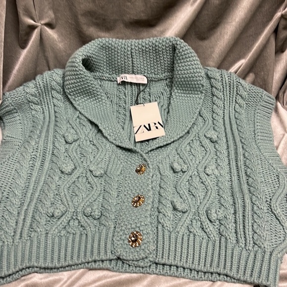 Zara Jackets & Coats Nwt Zara Cable Knit Vest With Jewel Buttons S